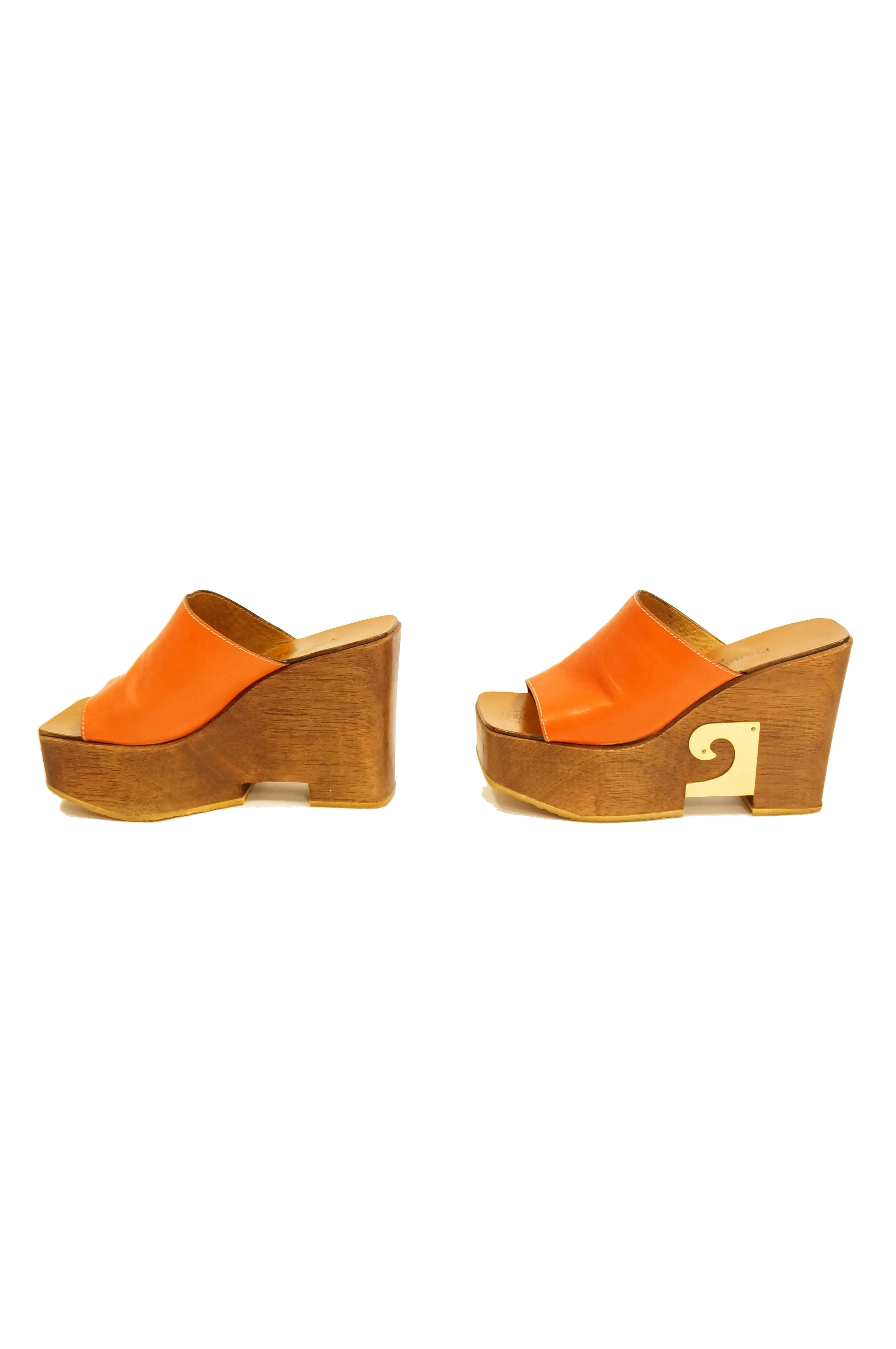 1970s Pierre Cardin Orange Leather and Wood Platform Mules, Iconic