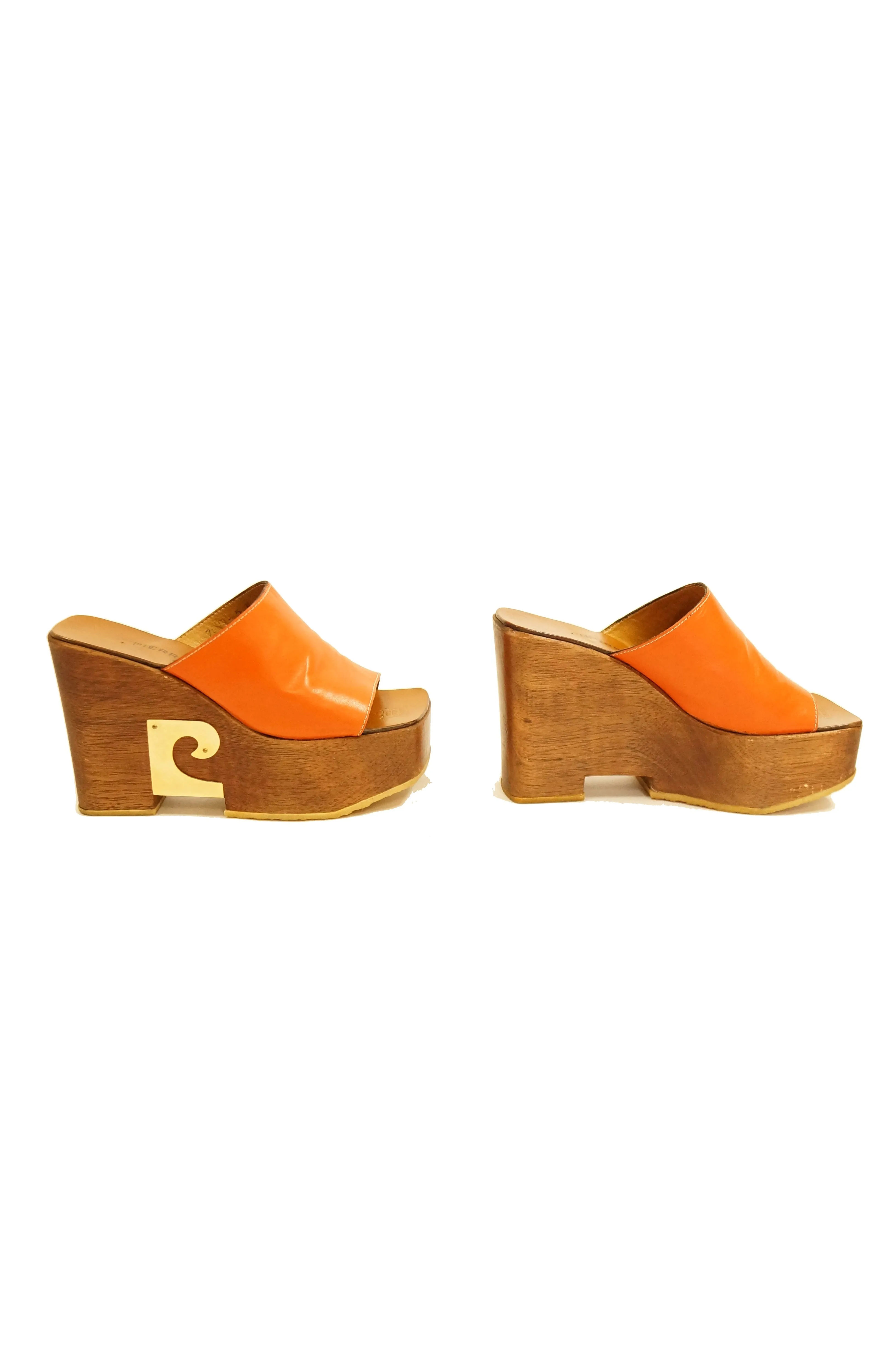 1970s Pierre Cardin Orange Leather and Wood Platform Mules, Iconic