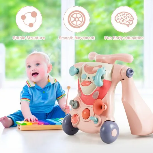 2-in-1 Baby Walker with Activity Center-Pink