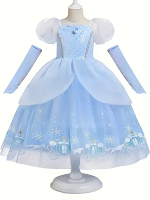 2 Pieces Princess Tutu Dress Set: Dreamy Mesh Short Sleeve Puff Flower Decor Dress   Gloves for Girls, Perfect for Party, Gift, Performance, Carnival, Halloween, and Prom