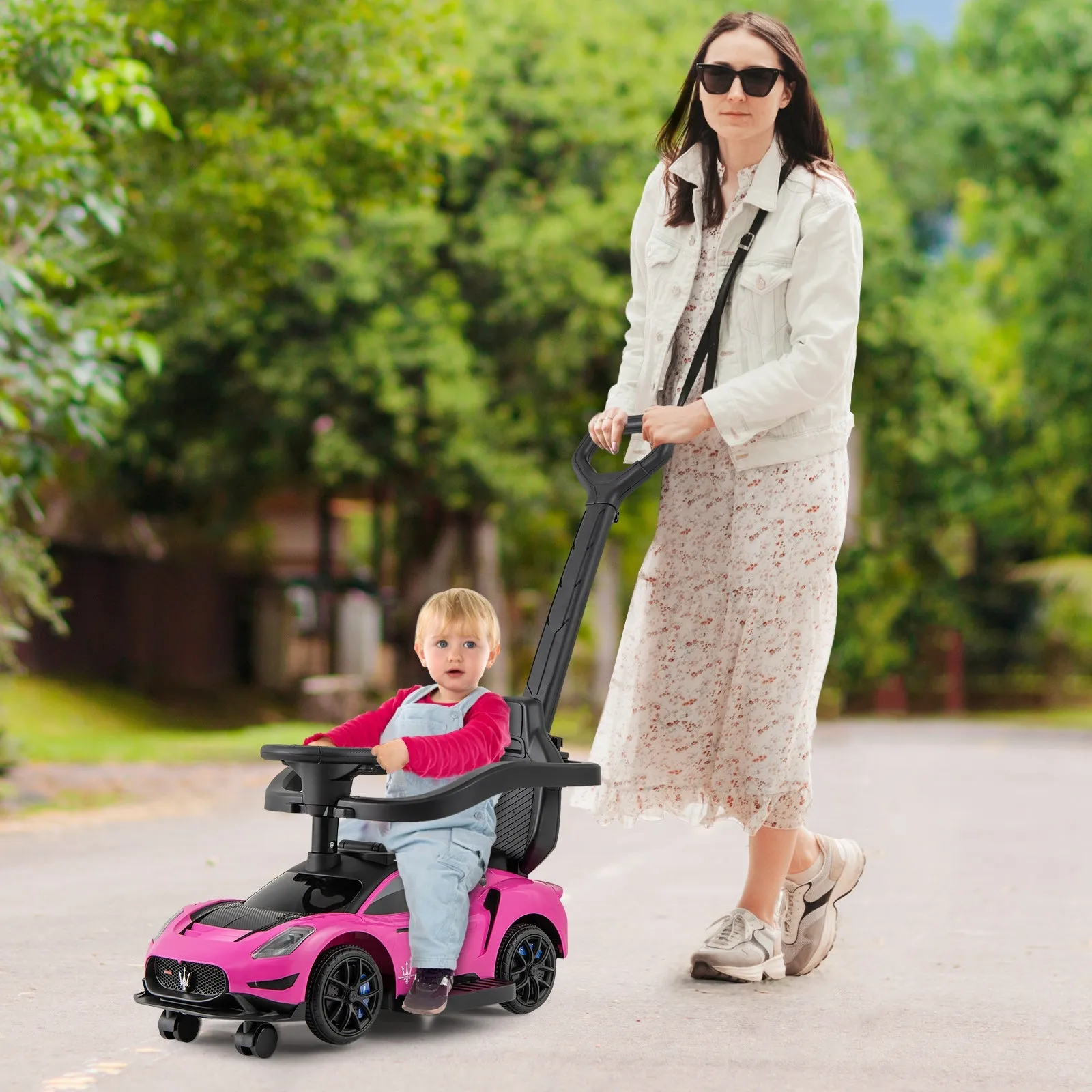 3-in-1 Ride on Push Car with 2 Universal Wheels, Music Steering, Guardrail and Handlebar-Pink