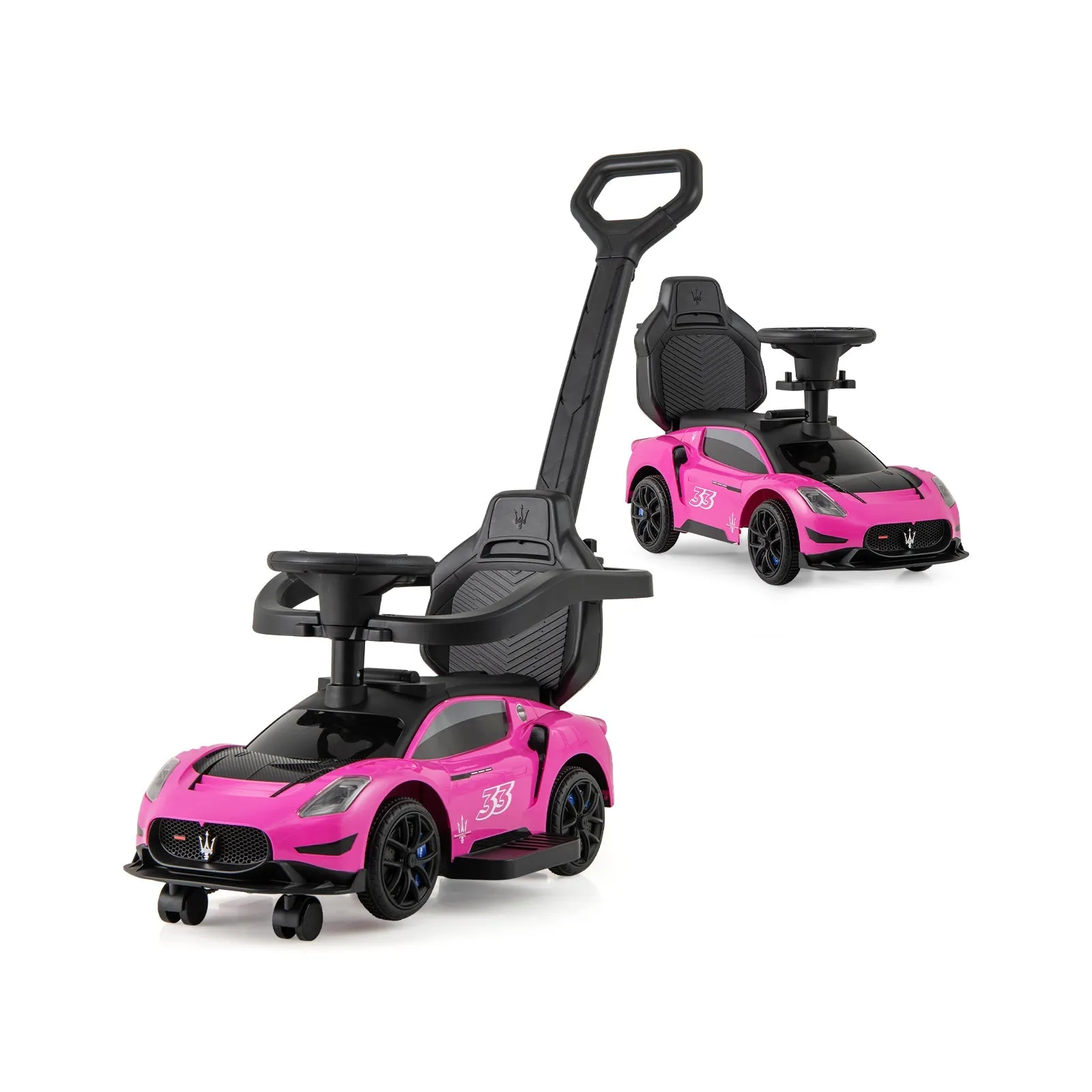 3-in-1 Ride on Push Car with 2 Universal Wheels, Music Steering, Guardrail and Handlebar-Pink