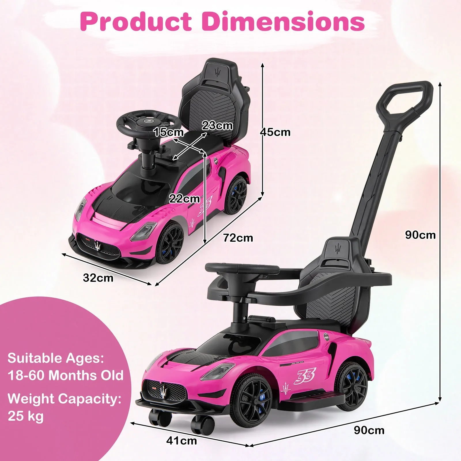 3-in-1 Ride on Push Car with 2 Universal Wheels, Music Steering, Guardrail and Handlebar-Pink