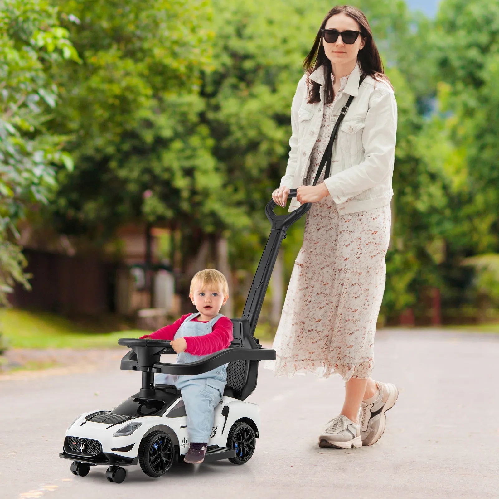 3-in-1 Ride on Push Car with 2 Universal Wheels, Music Steering, Guardrail and Handlebar-White