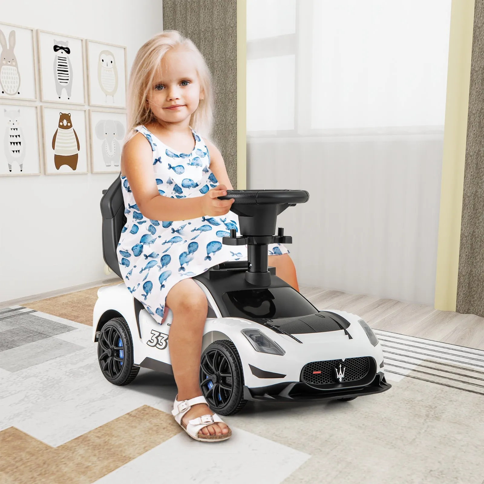 3-in-1 Ride on Push Car with 2 Universal Wheels, Music Steering, Guardrail and Handlebar-White