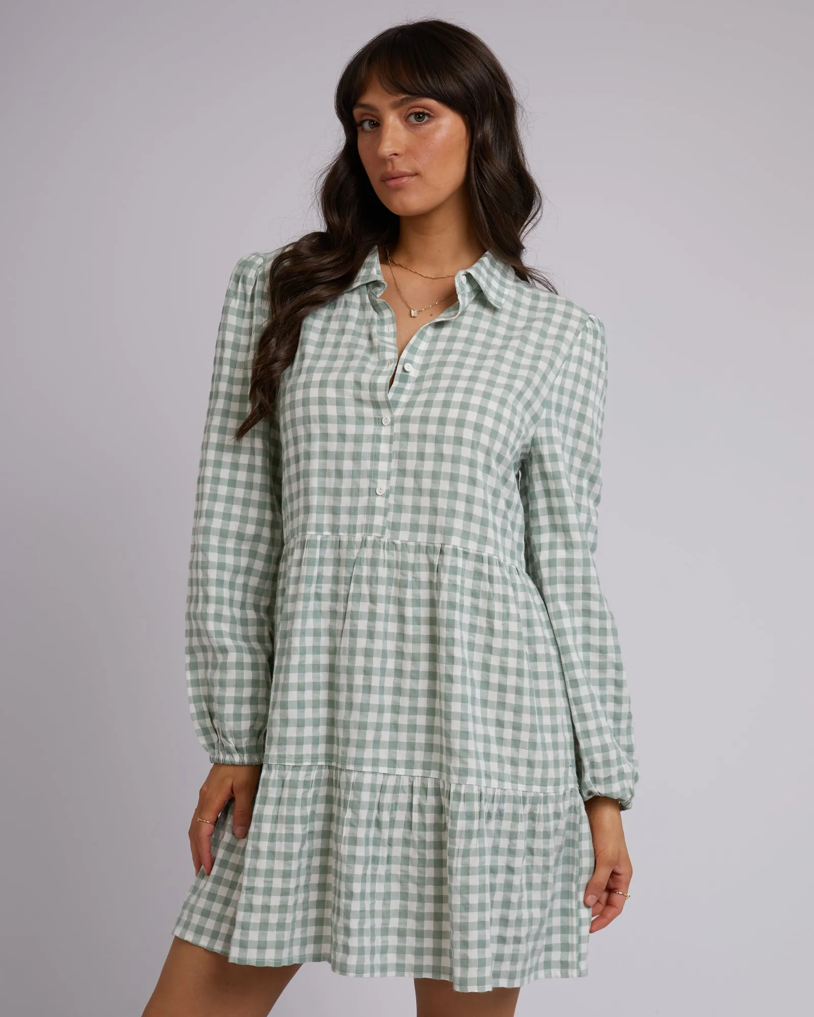 All About Eve Frankie Check L/S Mini Dress Sage