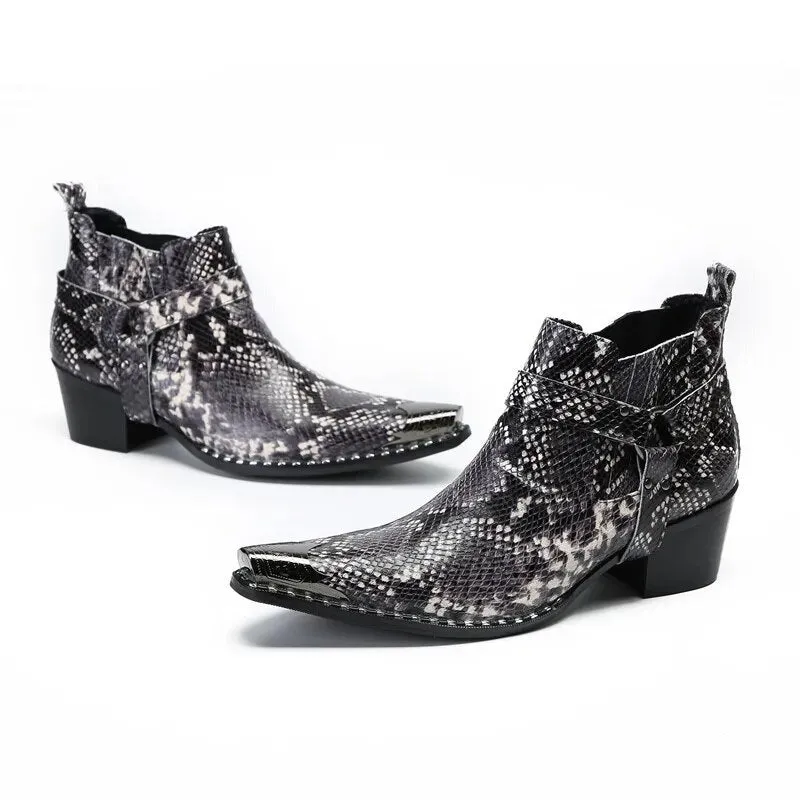 Angus' Pointed Iron Toe Snake Pattern Genuine Leather Ankle Boots