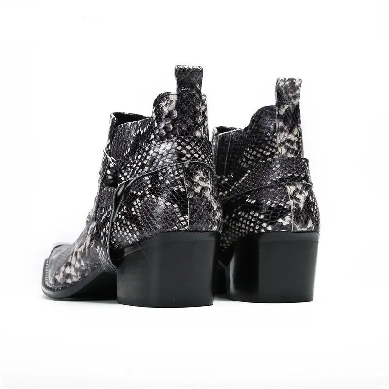 Angus' Pointed Iron Toe Snake Pattern Genuine Leather Ankle Boots