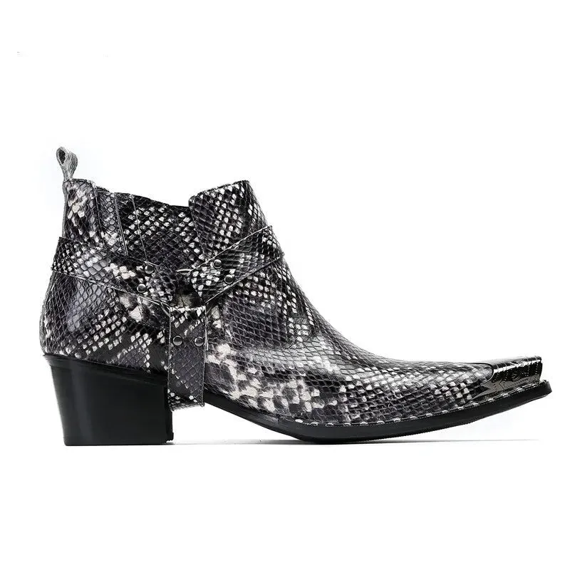 Angus' Pointed Iron Toe Snake Pattern Genuine Leather Ankle Boots