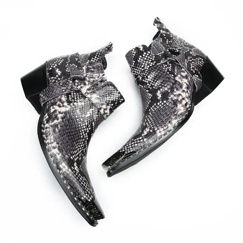 Angus' Pointed Iron Toe Snake Pattern Genuine Leather Ankle Boots