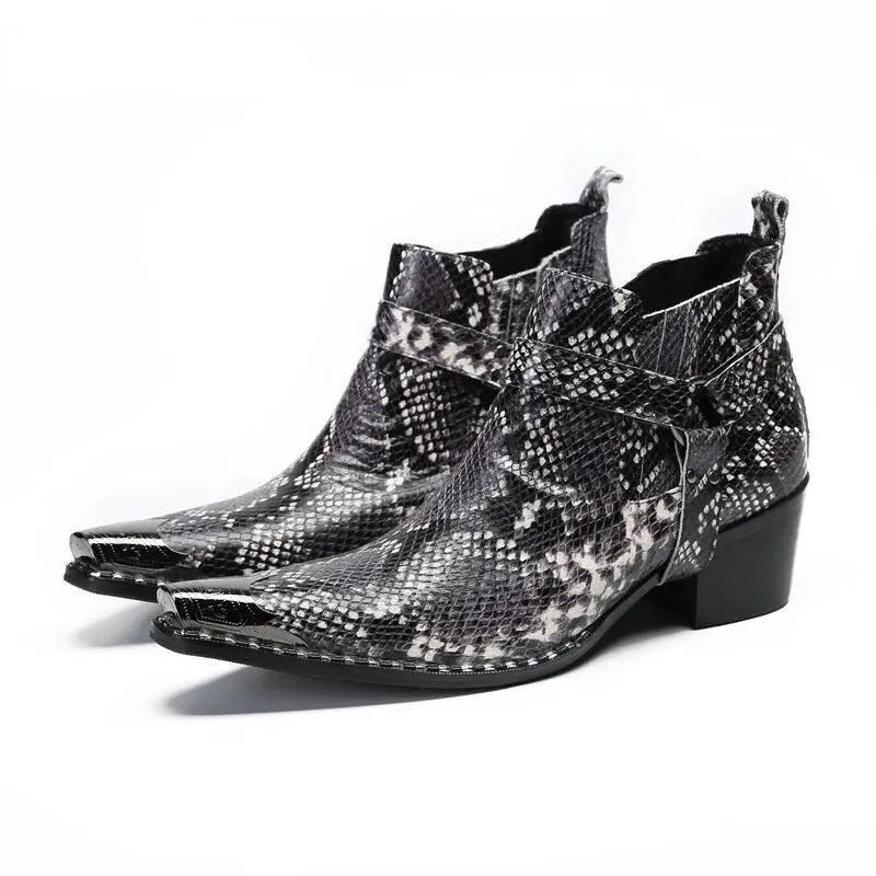 Angus' Pointed Iron Toe Snake Pattern Genuine Leather Ankle Boots