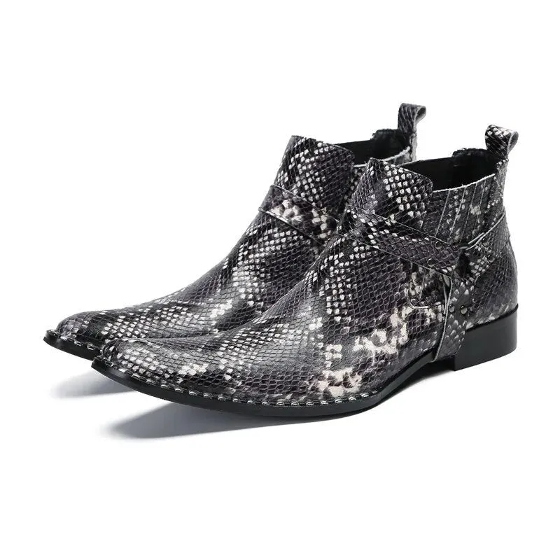 Angus' Pointed Iron Toe Snake Pattern Genuine Leather Ankle Boots