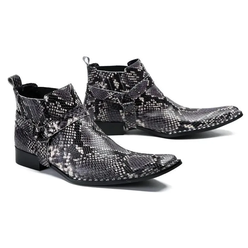 Angus' Pointed Iron Toe Snake Pattern Genuine Leather Ankle Boots