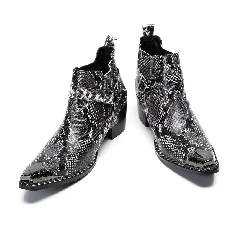 Angus' Pointed Iron Toe Snake Pattern Genuine Leather Ankle Boots