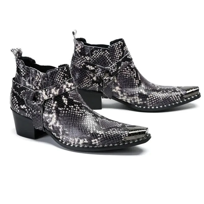 Angus' Pointed Iron Toe Snake Pattern Genuine Leather Ankle Boots