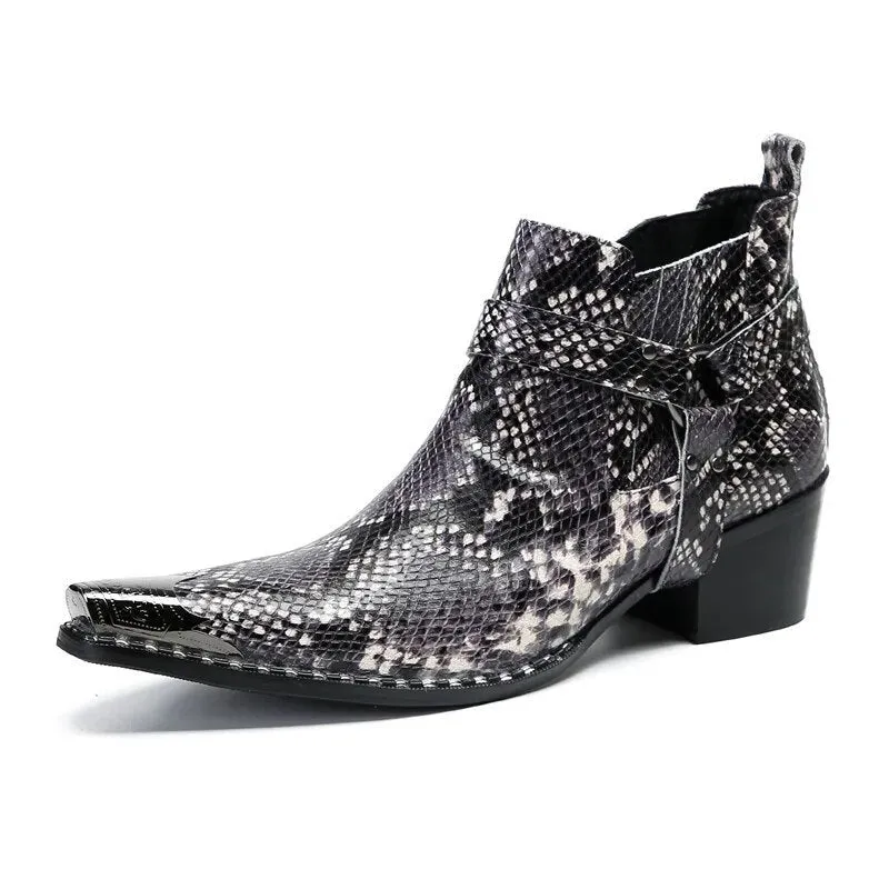 Angus' Pointed Iron Toe Snake Pattern Genuine Leather Ankle Boots