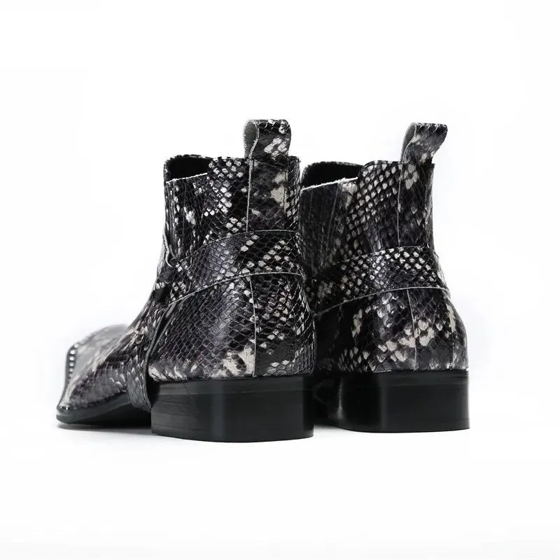 Angus' Pointed Iron Toe Snake Pattern Genuine Leather Ankle Boots