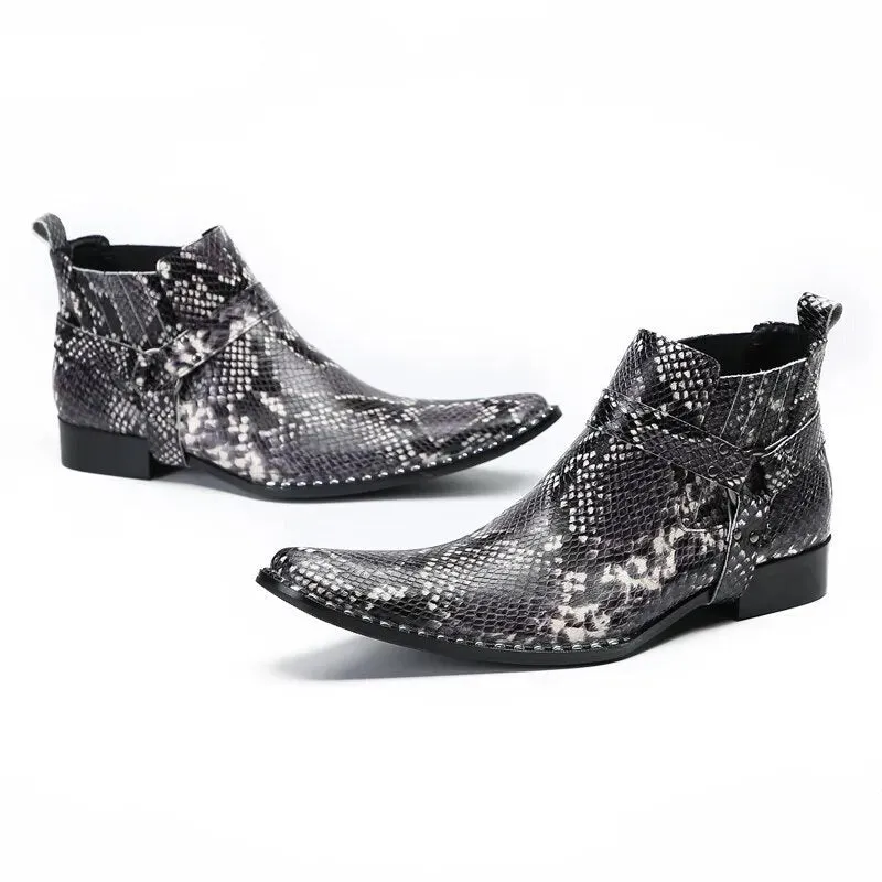 Angus' Pointed Iron Toe Snake Pattern Genuine Leather Ankle Boots