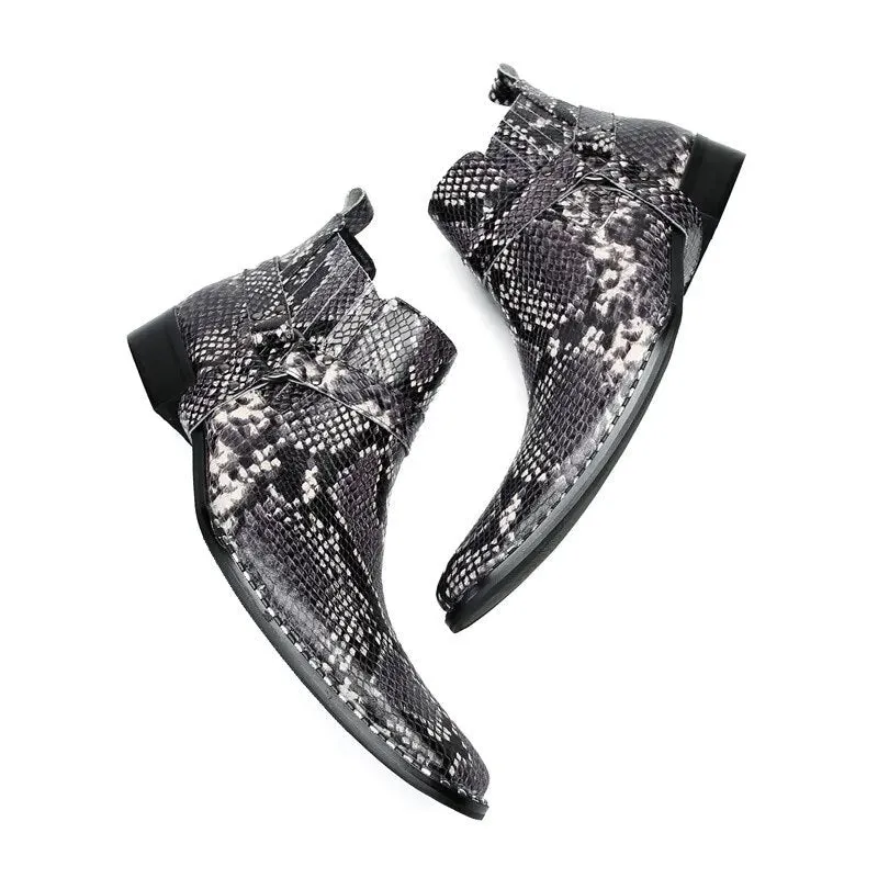 Angus' Pointed Iron Toe Snake Pattern Genuine Leather Ankle Boots