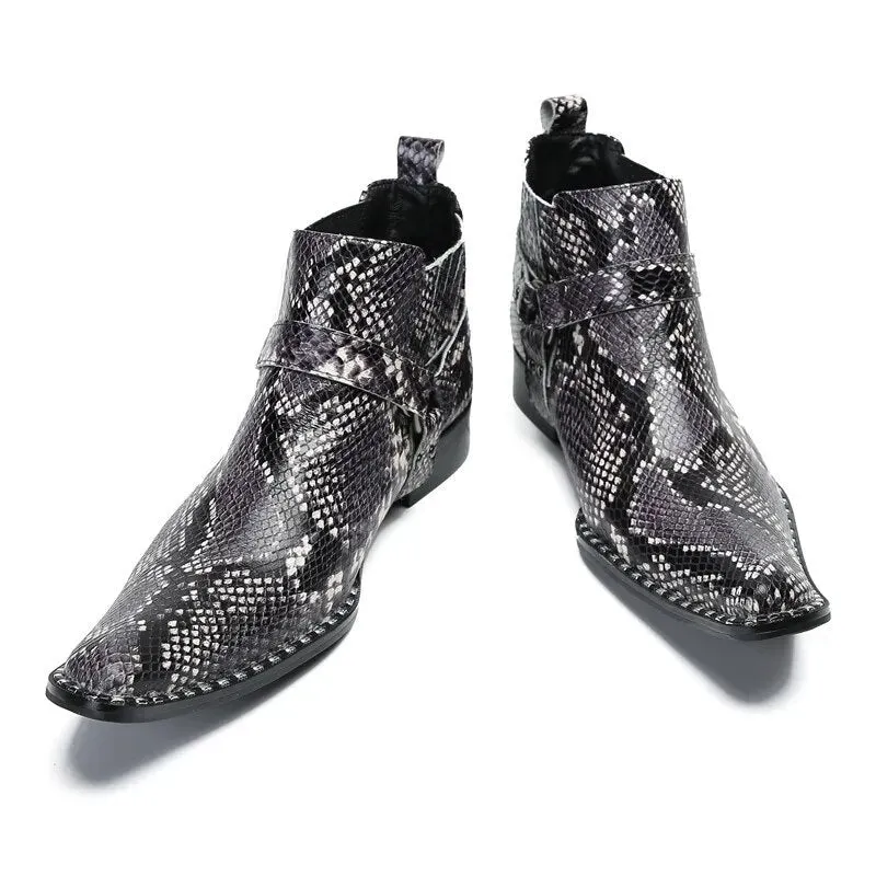 Angus' Pointed Iron Toe Snake Pattern Genuine Leather Ankle Boots