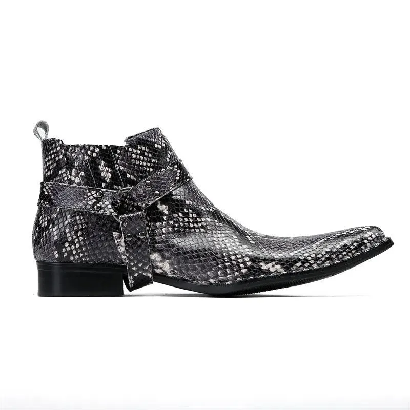 Angus' Pointed Iron Toe Snake Pattern Genuine Leather Ankle Boots