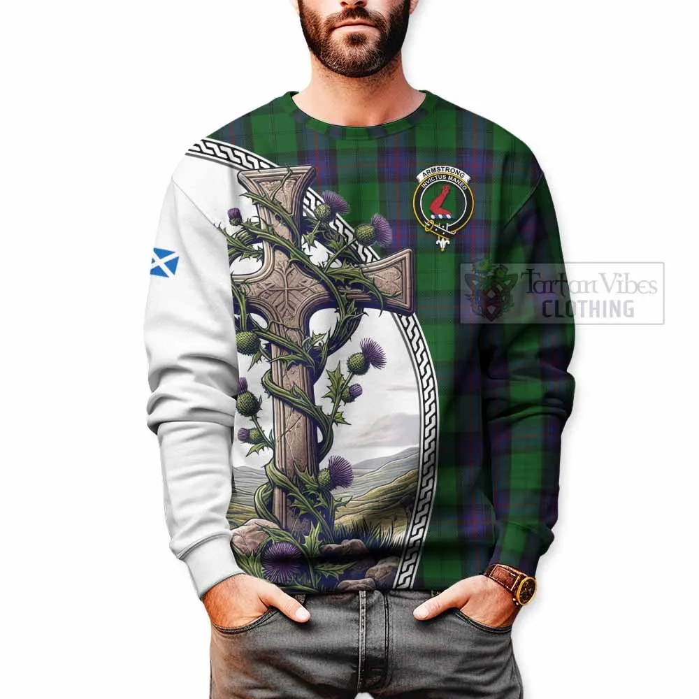 Armstrong Tartan Sweatshirt with Family Crest and St. Andrew's Cross Accented by Thistle Vines