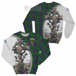 Armstrong Tartan Sweatshirt with Family Crest and St. Andrew's Cross Accented by Thistle Vines