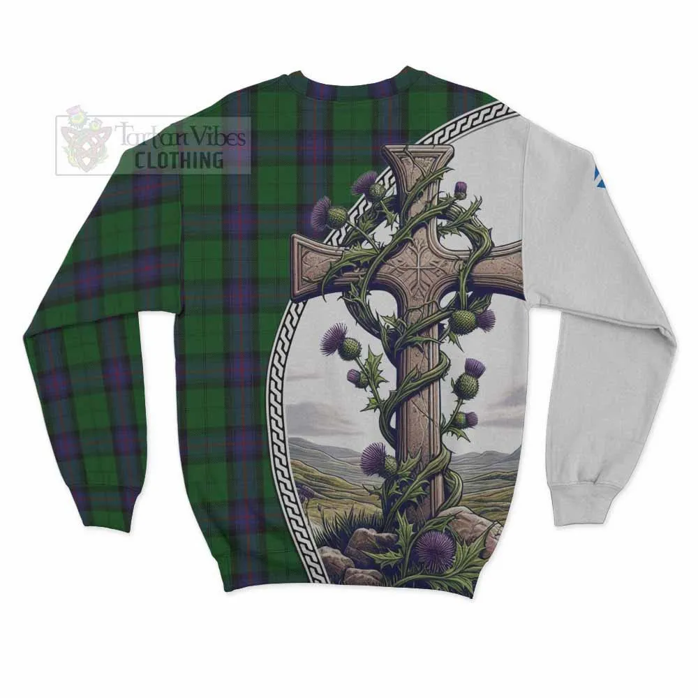 Armstrong Tartan Sweatshirt with Family Crest and St. Andrew's Cross Accented by Thistle Vines