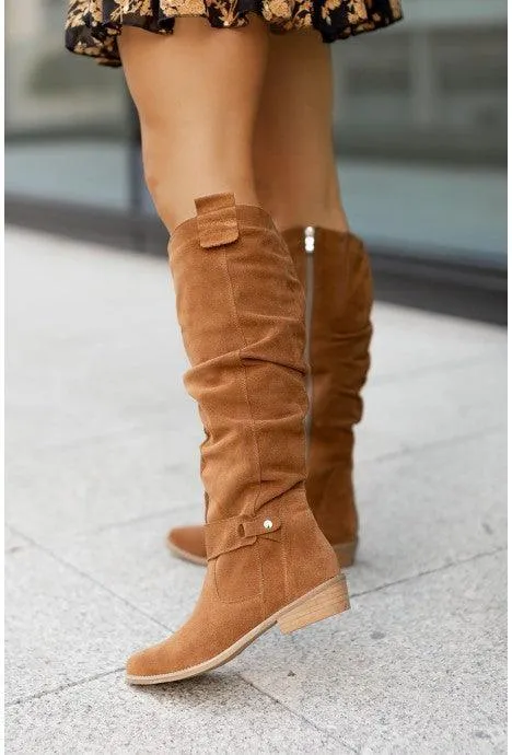 Autumn And Winter Low Heel Side Zipper Suede Women's High Boots