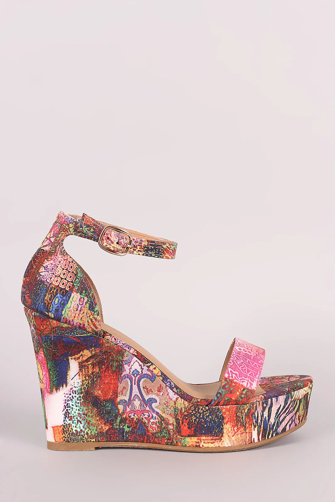 Bamboo Abstract Print Ankle Strap Platform Wedge