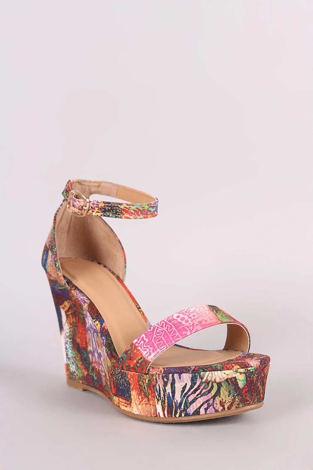 Bamboo Abstract Print Ankle Strap Platform Wedge