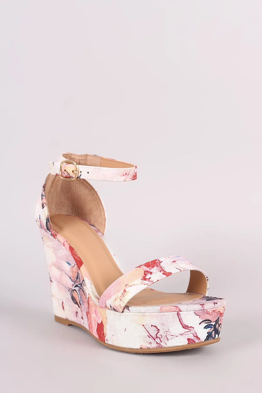 Bamboo Abstract Print Ankle Strap Platform Wedge