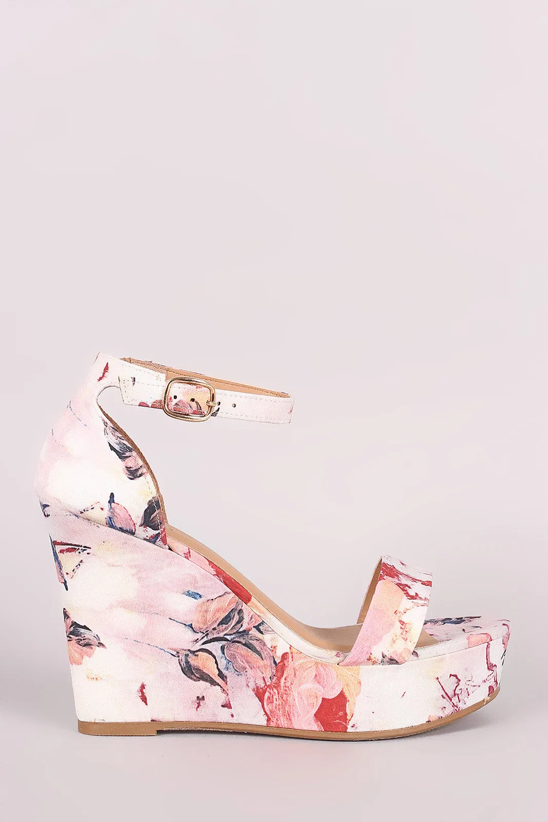 Bamboo Abstract Print Ankle Strap Platform Wedge