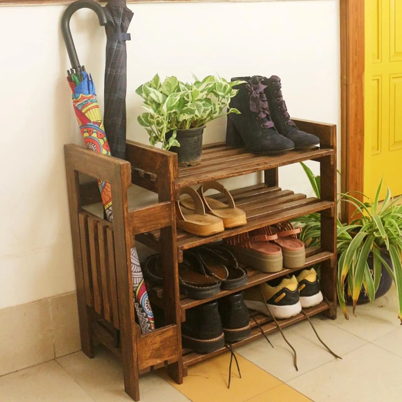 BARISH - Shoe Rack with Umbrella Stand, Handcrafted Rubberwood Shoe Rack with Umbrella Stand, Multipurpose Rack for Home, Hall, Office (WALNUT)