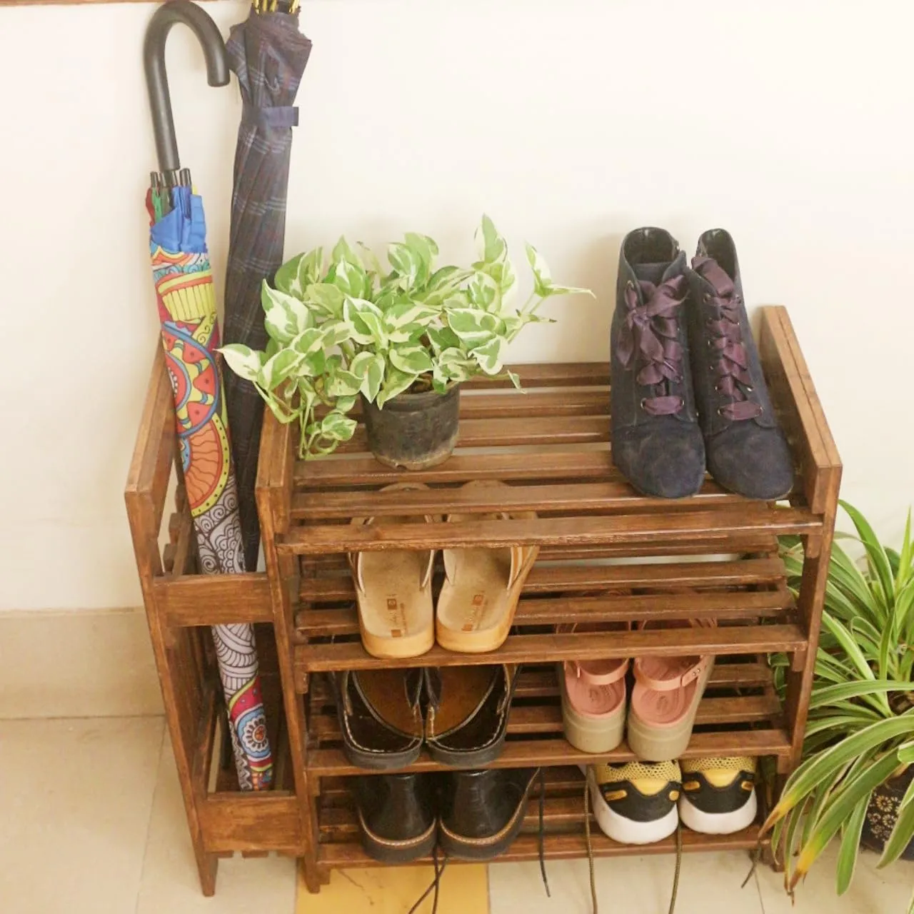 BARISH - Shoe Rack with Umbrella Stand, Handcrafted Rubberwood Shoe Rack with Umbrella Stand, Multipurpose Rack for Home, Hall, Office (WALNUT)