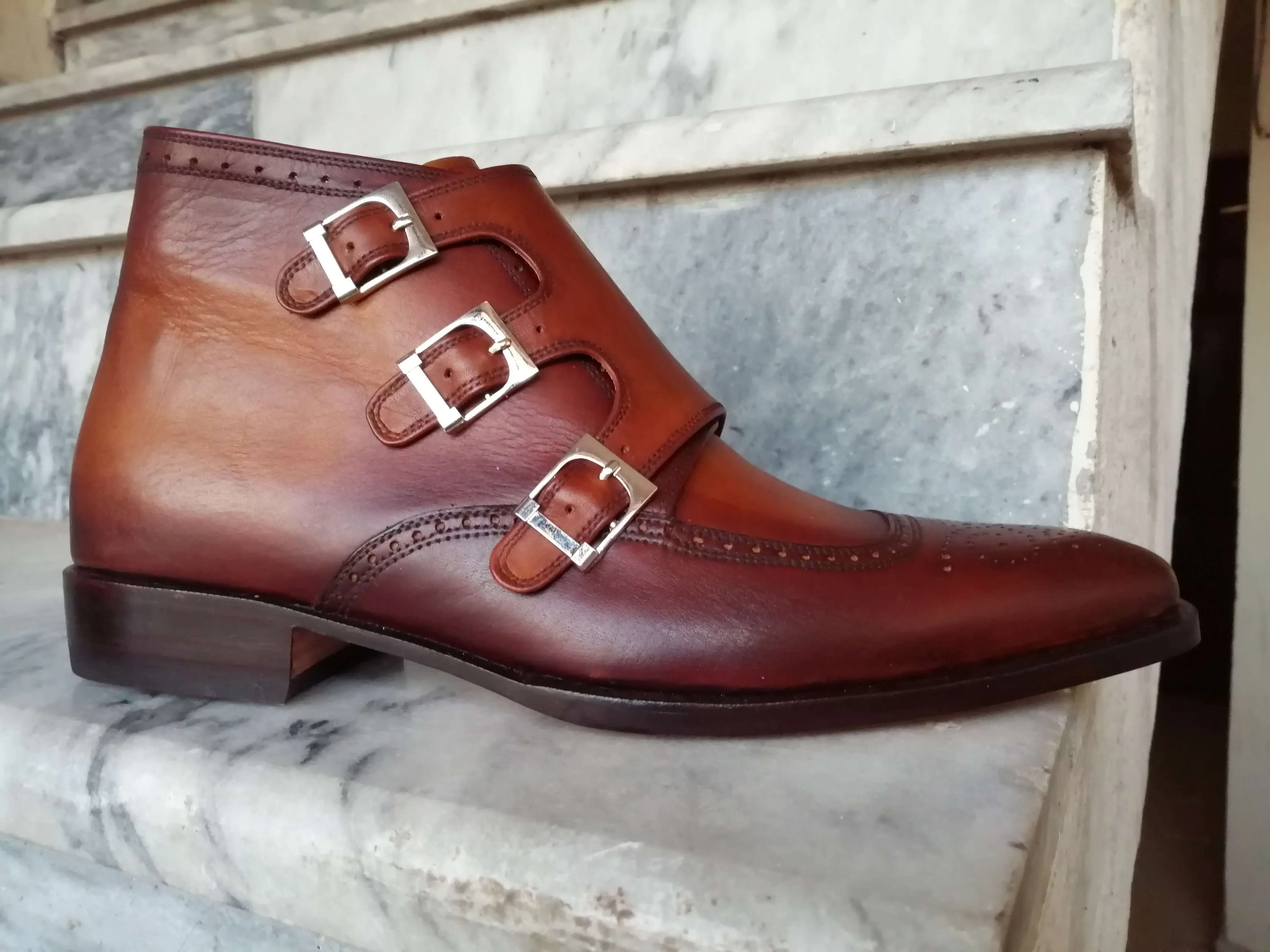 Bespoke Burgundy Chukka Leather Three Monk Strap Boots