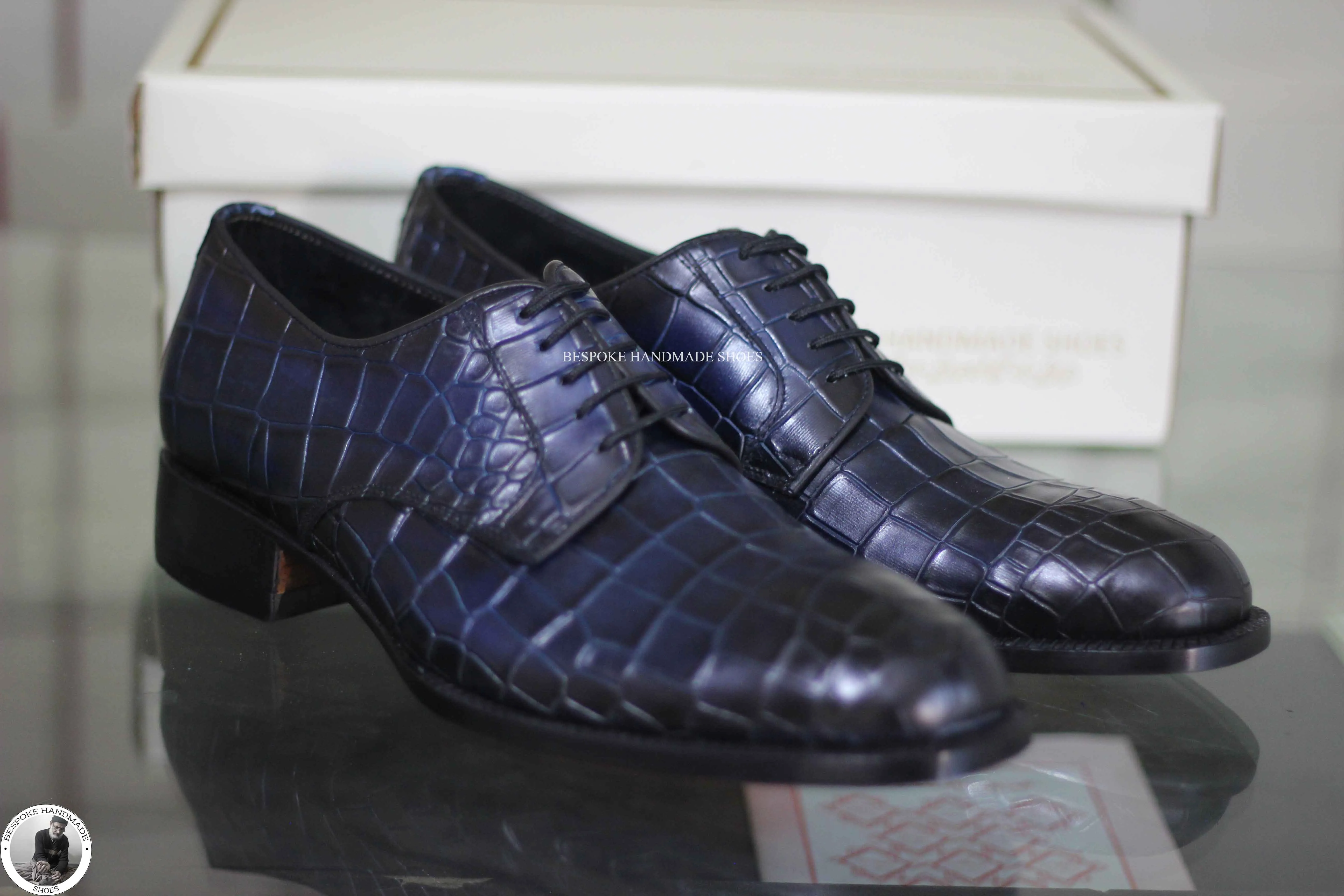 Bespoke Men's Handmade Blue Leather Black Shaded Derby Lace Up Top Fashion Men's Shoes