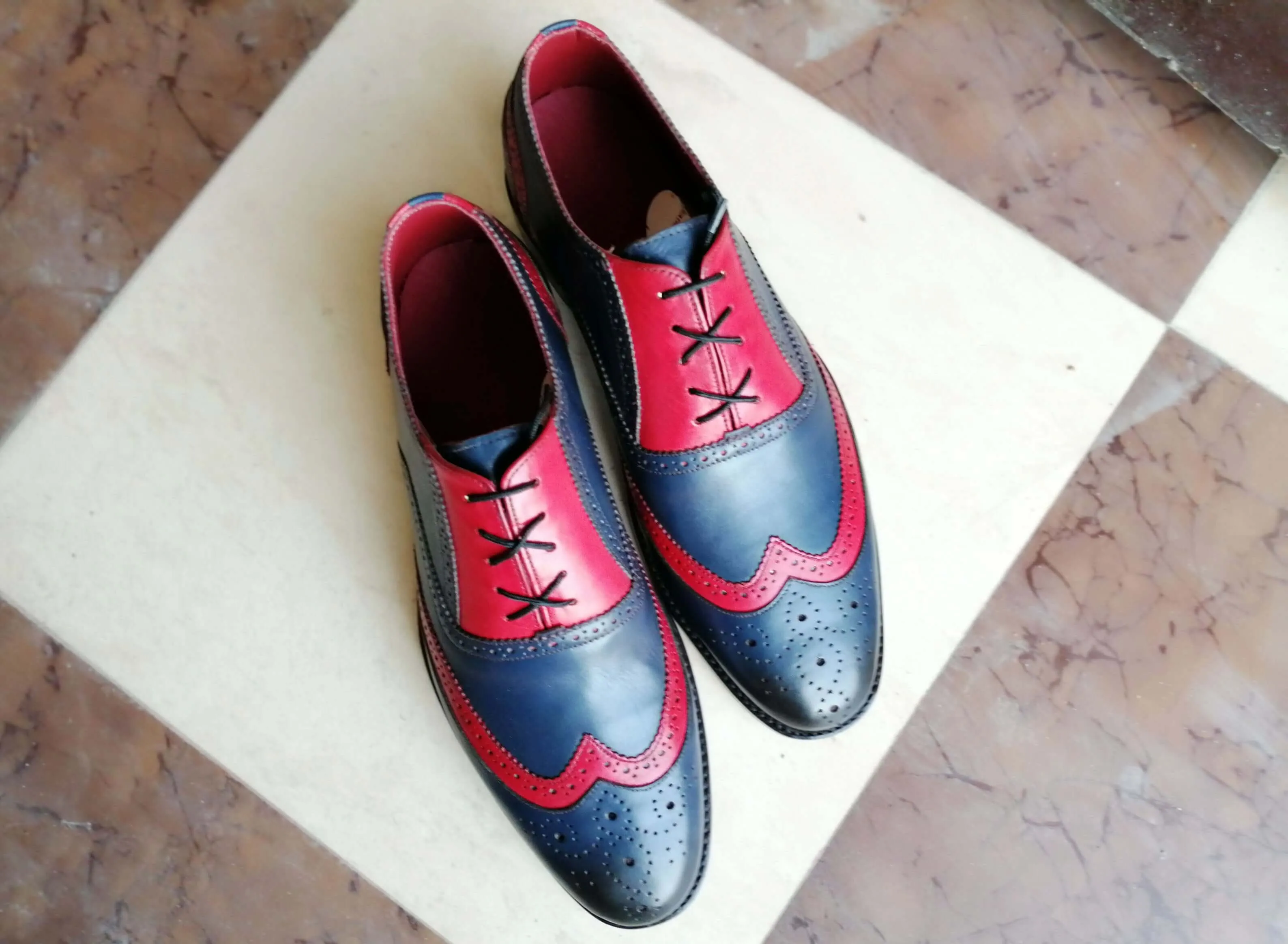 Bespoke Navy Blue Red Leather Wing Tip Shoes for Men's