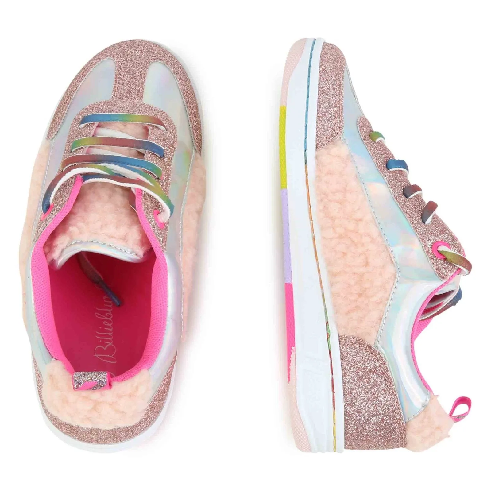 Billieblush Girls Iridescent Glitter & Faux Fur Sneakers