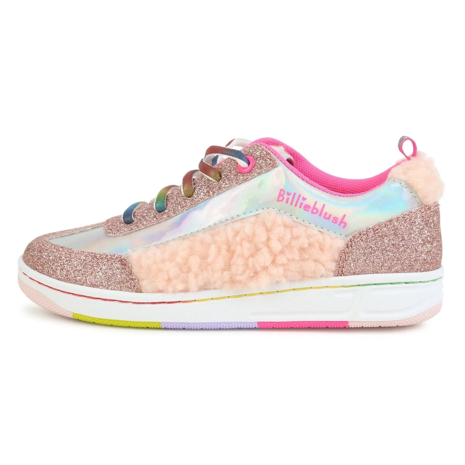 Billieblush Girls Iridescent Glitter & Faux Fur Sneakers