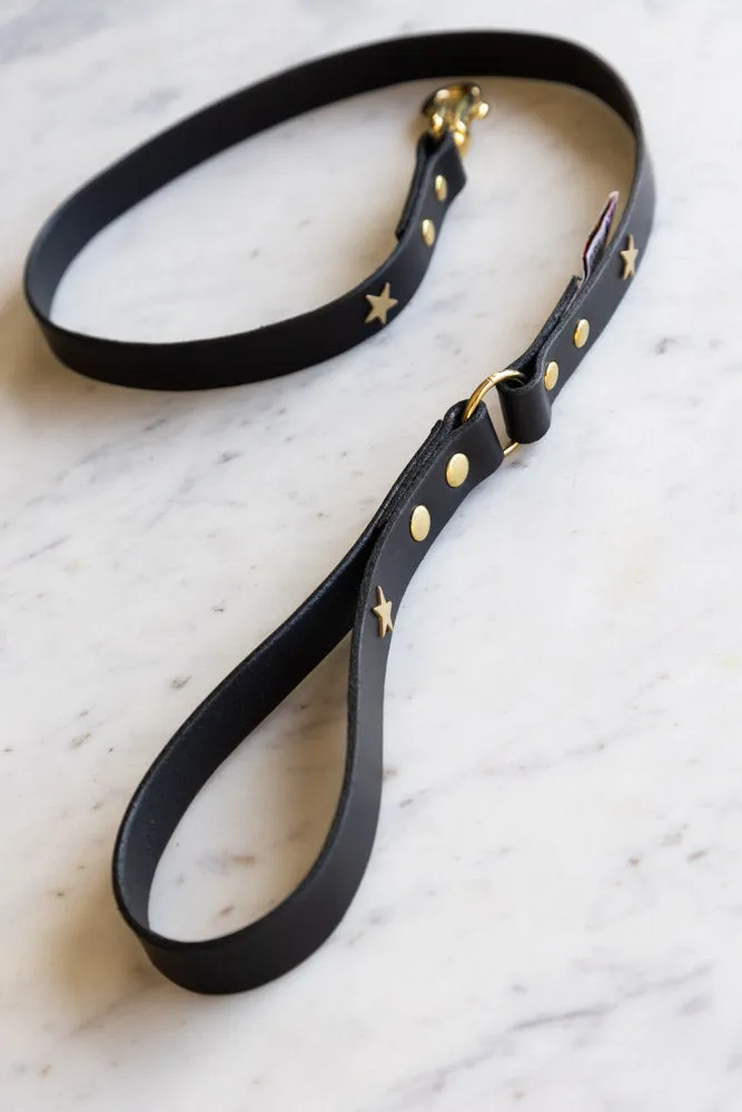 Black Leather Dog Lead With Stars