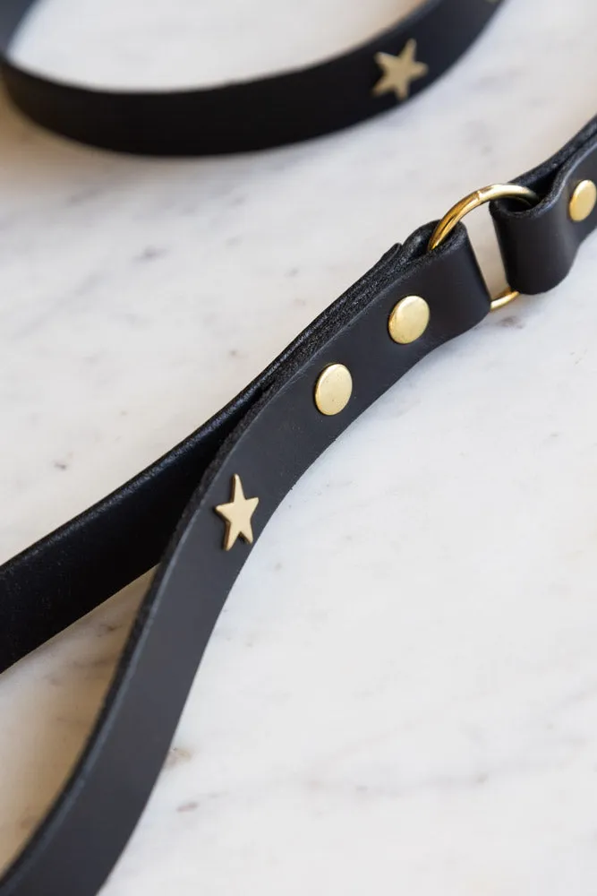 Black Leather Dog Lead With Stars