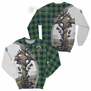 Blackadder Tartan Sweatshirt with Family Crest and St. Andrew's Cross Accented by Thistle Vines