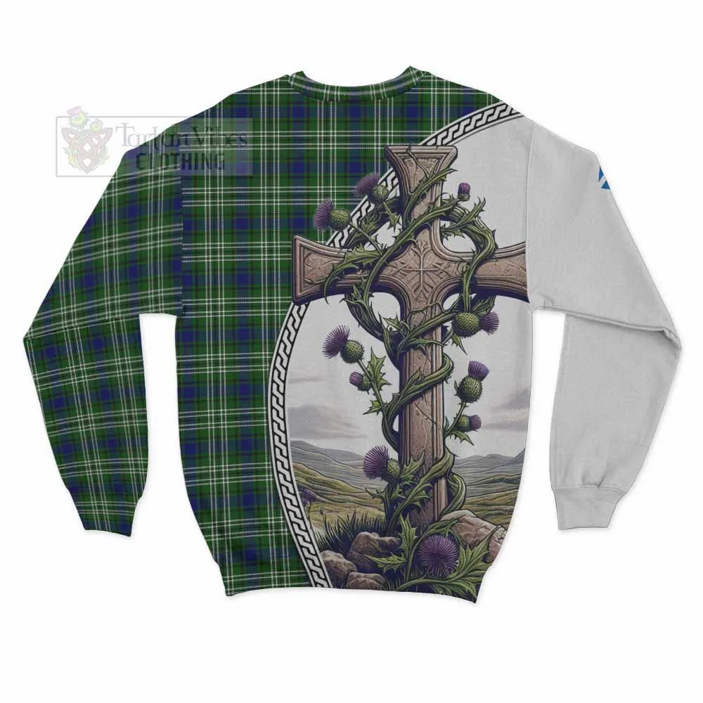 Blackadder Tartan Sweatshirt with Family Crest and St. Andrew's Cross Accented by Thistle Vines