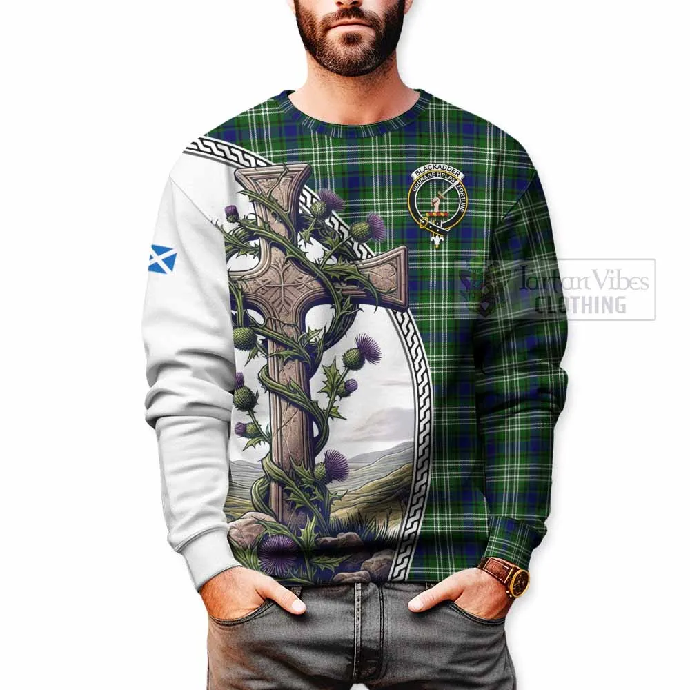 Blackadder Tartan Sweatshirt with Family Crest and St. Andrew's Cross Accented by Thistle Vines