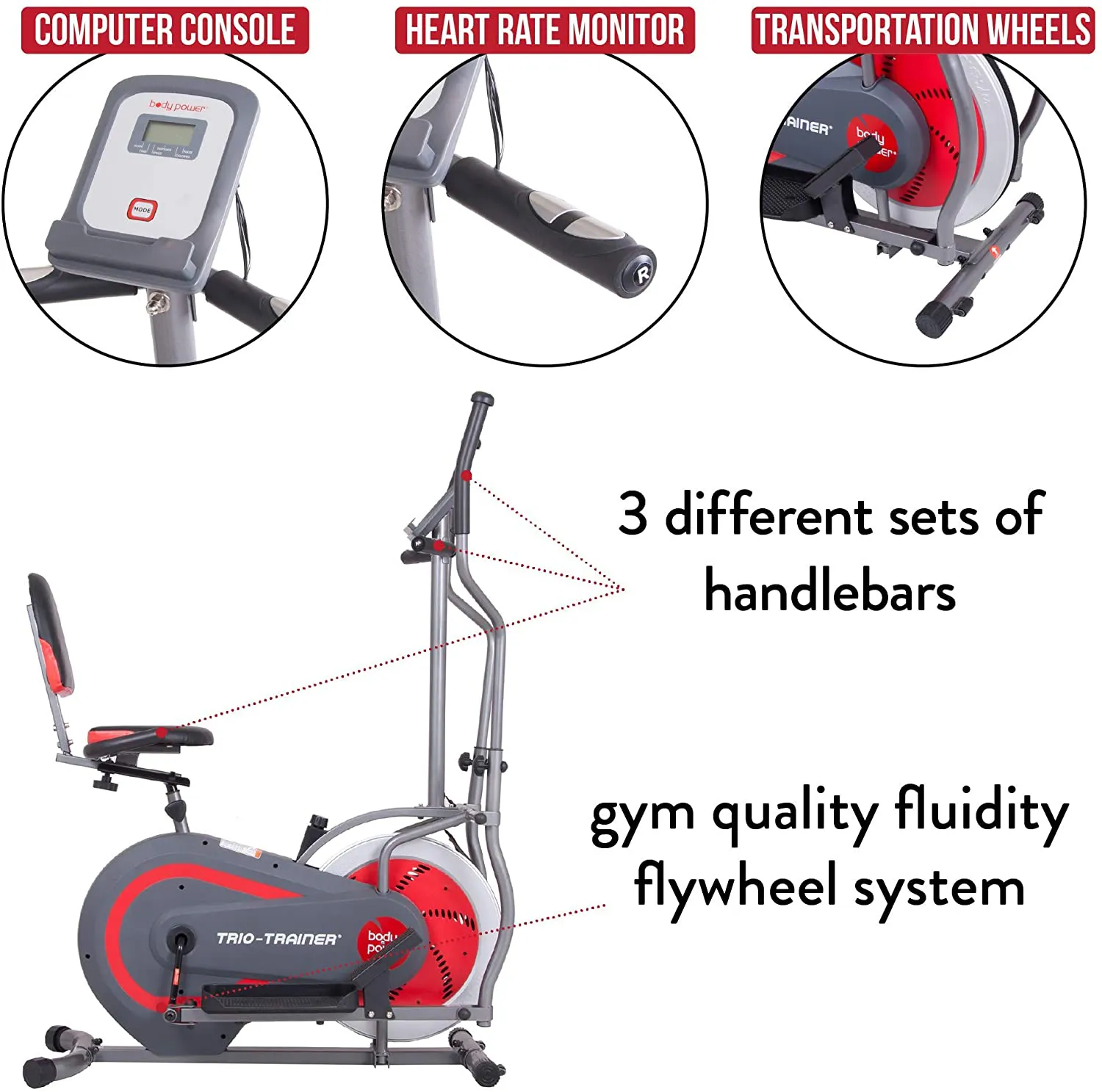 Body Power 3-in-1 Exercise Machine, Trio Trainer, Elliptical and Upright/Recumbent Bike BRT5088 gray, silver, red