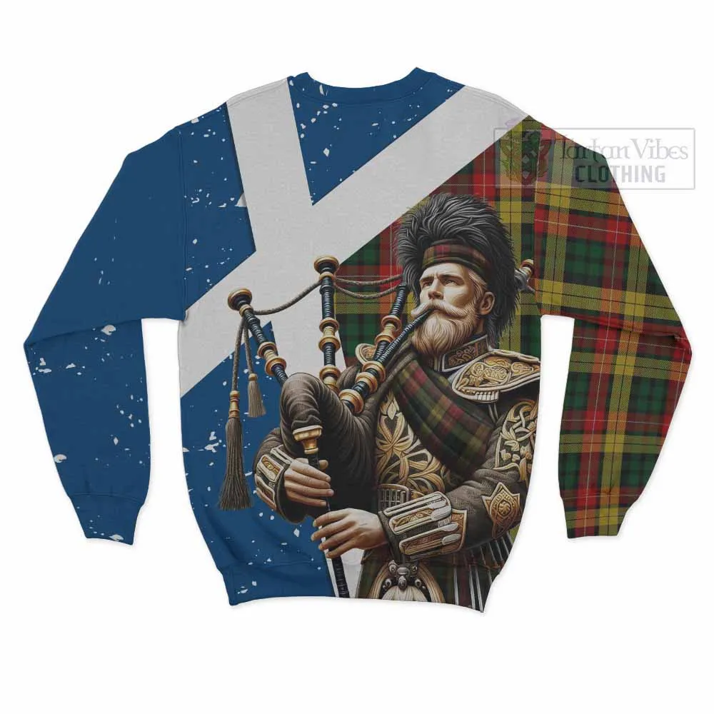 Buchanan Tartan Sweatshirt with Family Crest Scottish Bagpiper Vibes