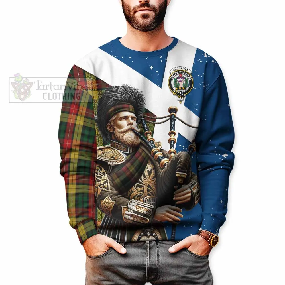 Buchanan Tartan Sweatshirt with Family Crest Scottish Bagpiper Vibes