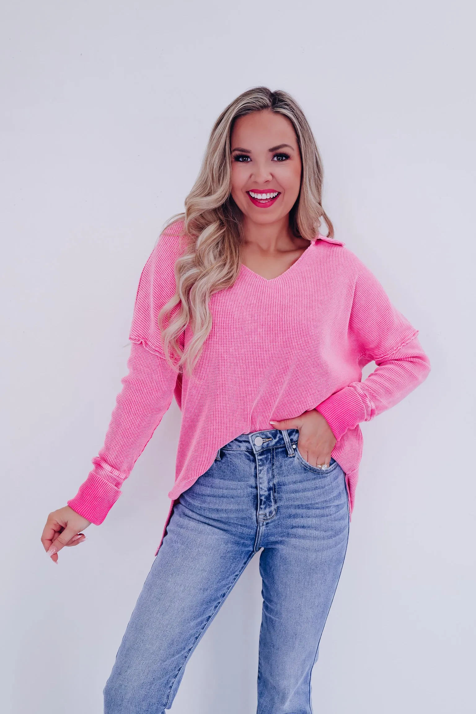 Casual Sophistication Waffle Knit Top - Pink