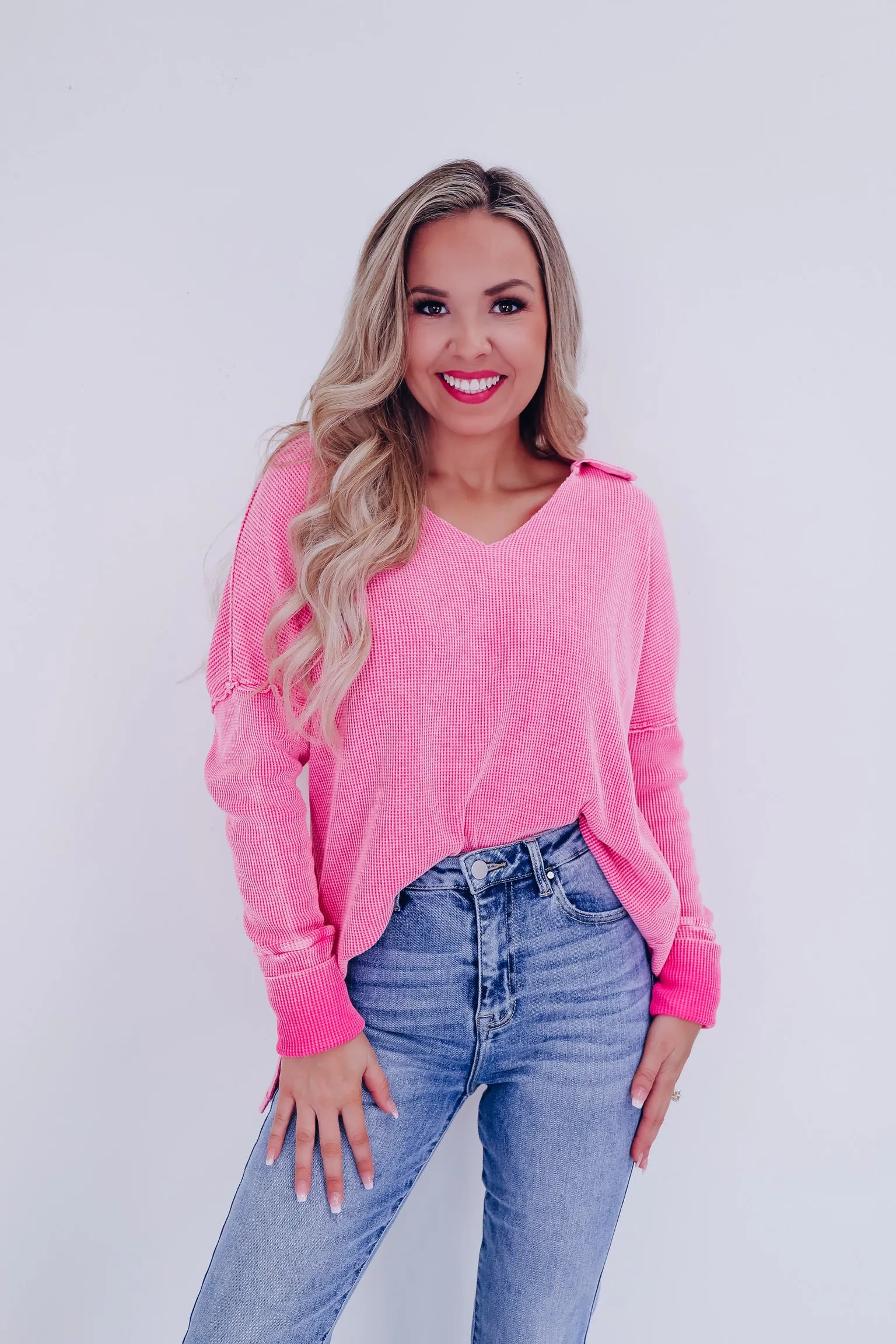 Casual Sophistication Waffle Knit Top - Pink